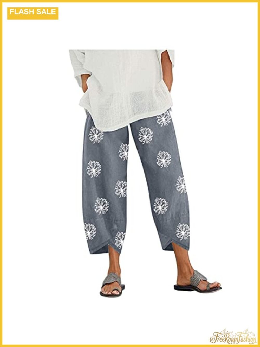 Cotton Linen Capri Pants Women Elastic Waist Wide Leg Ankle Pants